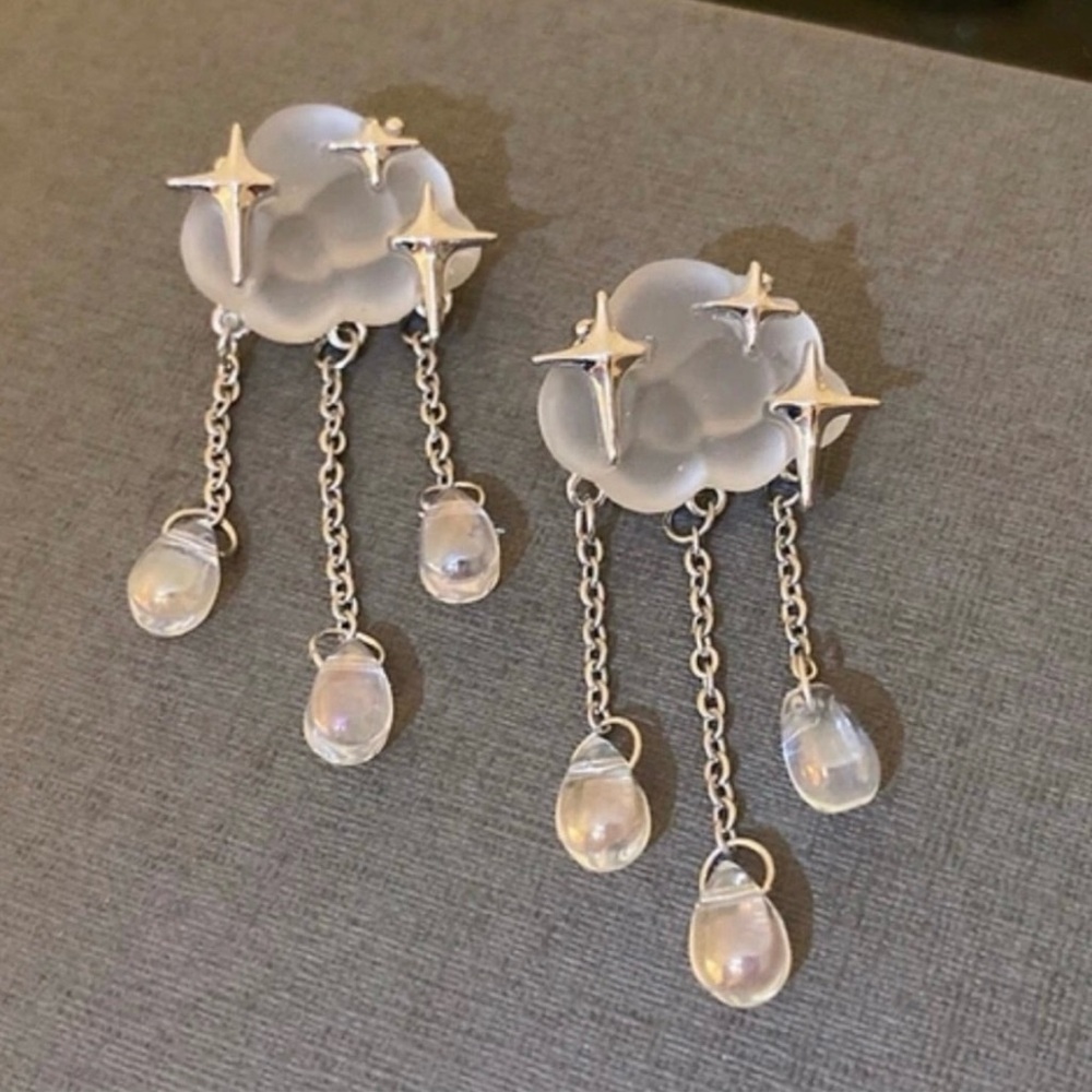 “Starry Rain Clouds” Frosted Glass Star Stellar Cumulus Weather Raindrops Dangle - Picture 10 of 16
